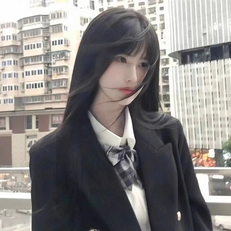 Long straight black synthetic wig with bangs, shown in brown black and cold brown colour options.