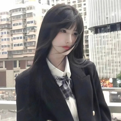 Long straight black synthetic wig with bangs, shown in brown black and cold brown colour options.
