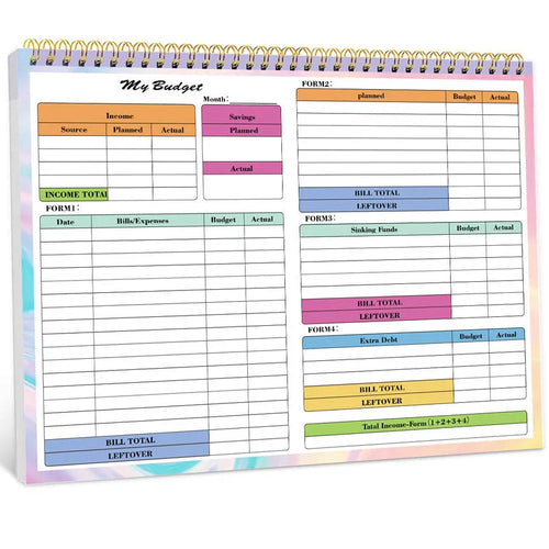 B5 budget tally notebook with a blue PP cover and spiral binding, open on a table.