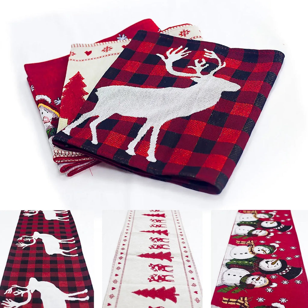 Christmas table runner with elk and snowman pattern on cotton linen fabric