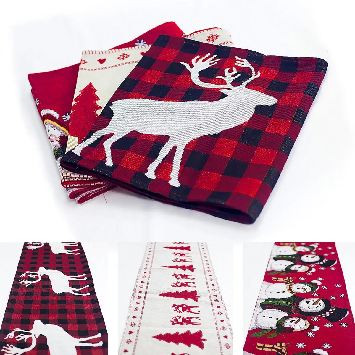 Christmas table runner with elk and snowman pattern on cotton linen fabric