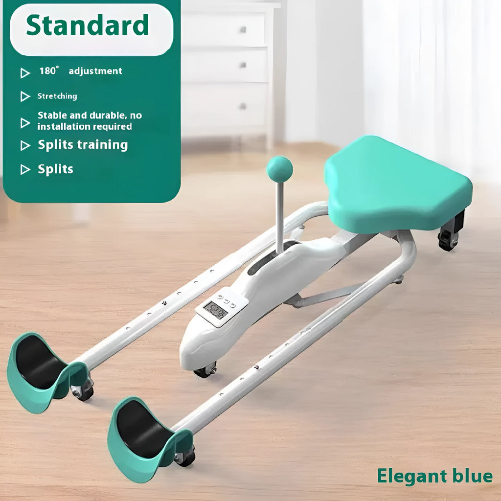 Pink and blue leg stretching equipment with steel frame and foam padding, shown with and without a backrest.