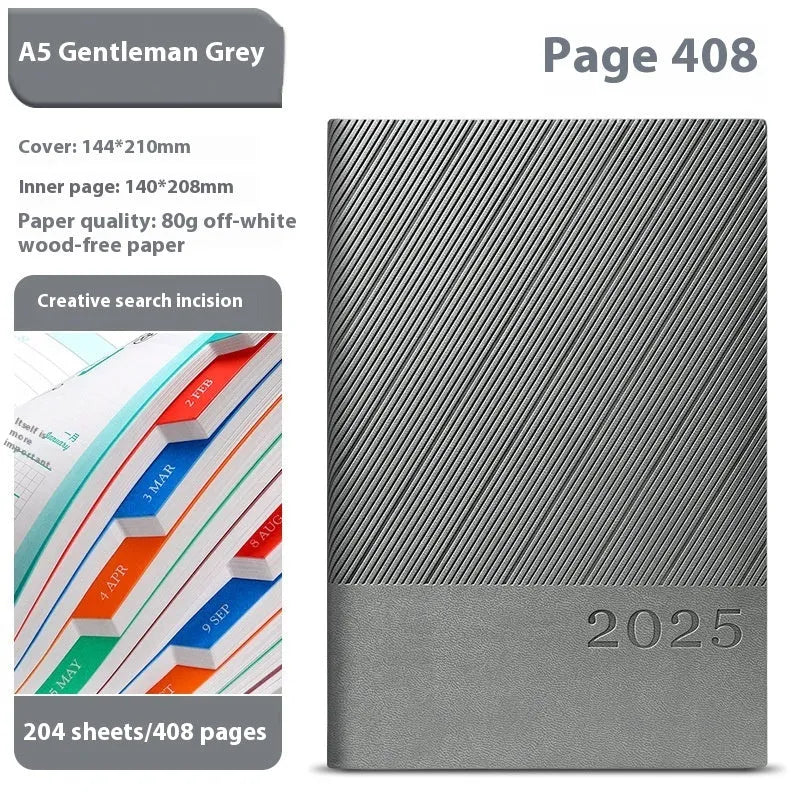 A5 business notepad with striped PU leather cover showing eight colour options open to reveal thick paper