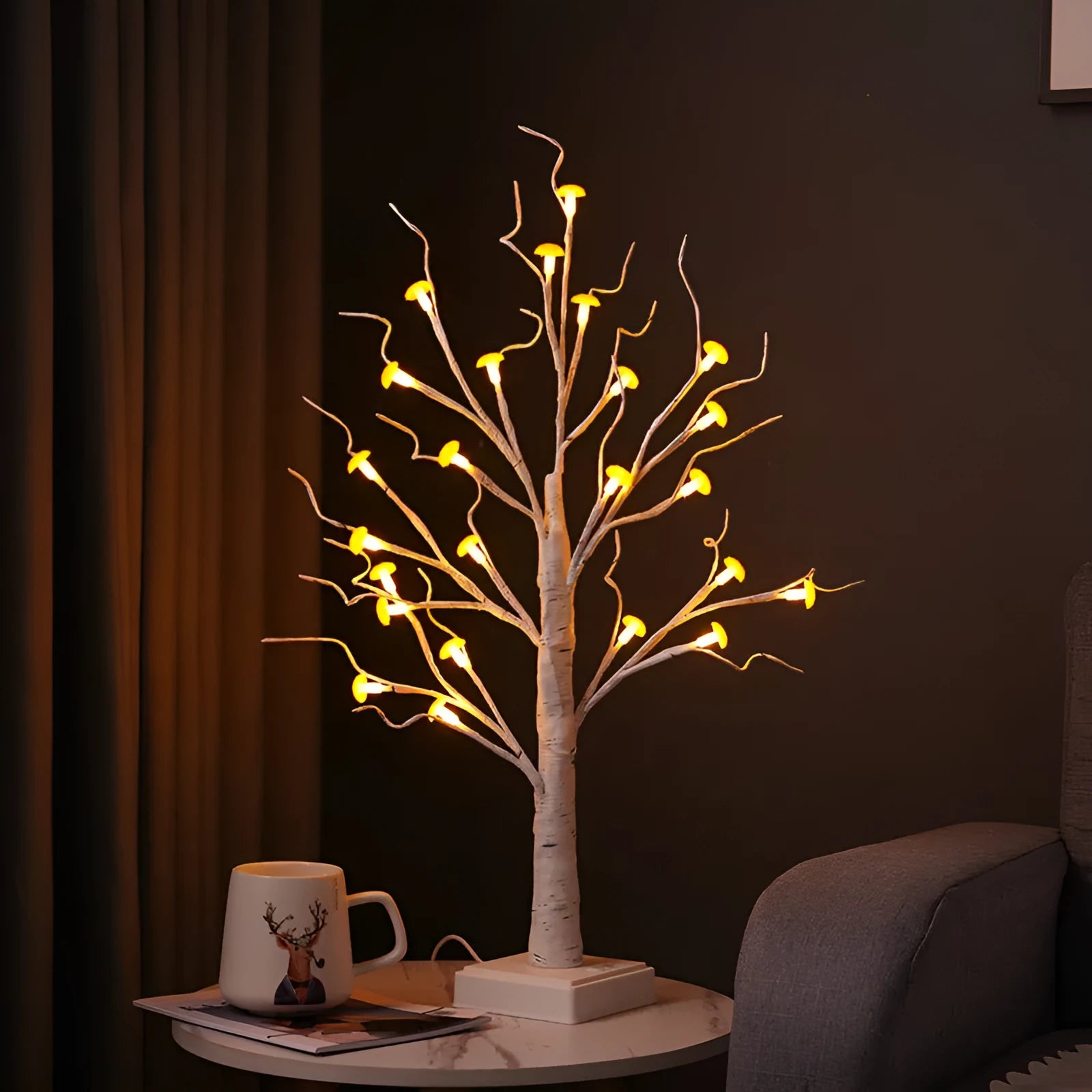 60cm tall white birch tree LED lamp with 24 small removable mushroom lights