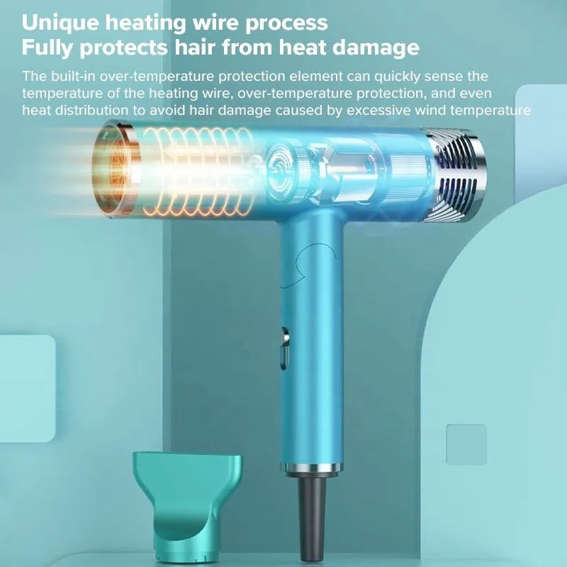 Foldable 1300W negative ion hair dryer in green or purple, 25 x 11.5 x 7 cm, with folding handle and US plug.