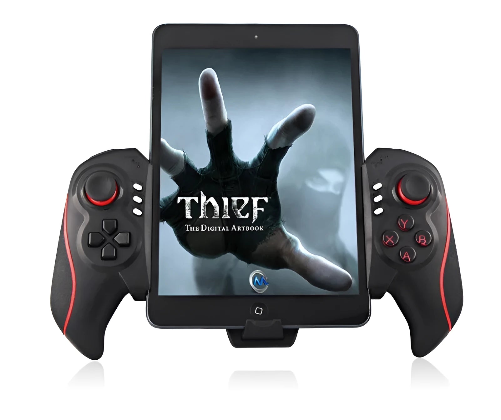 Wireless telescopic gamepad controller extended with mobile phone inserted showing ABS plastic construction