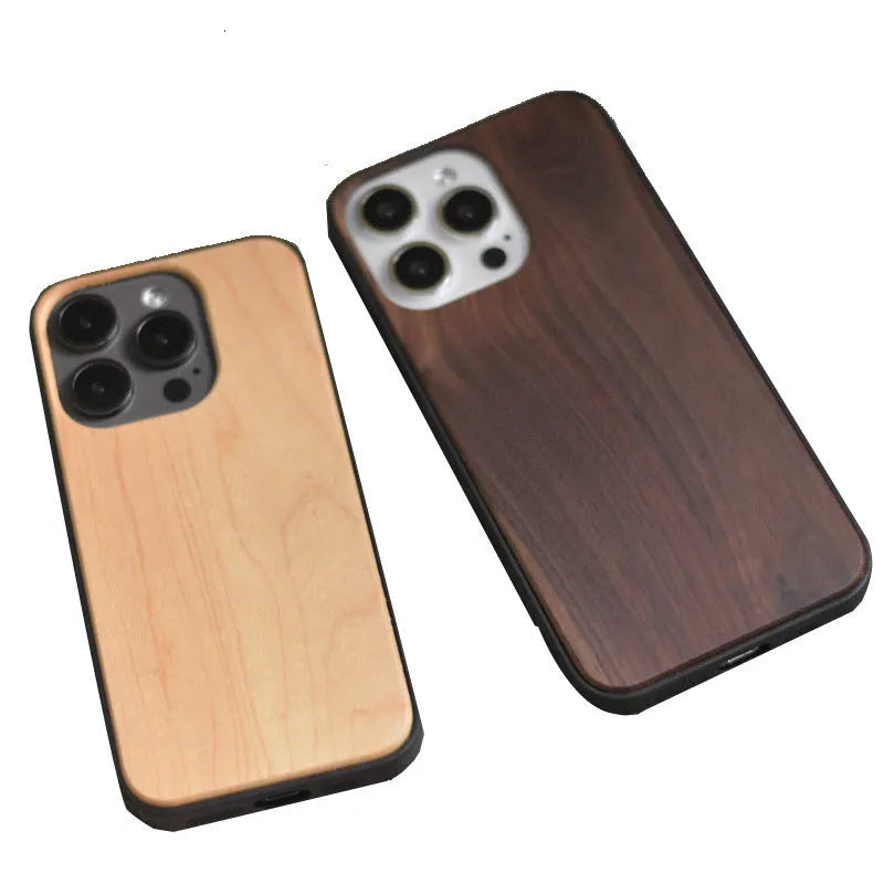Solid wood shell phone case for iPhone 15 series with light wood finish and slim profile