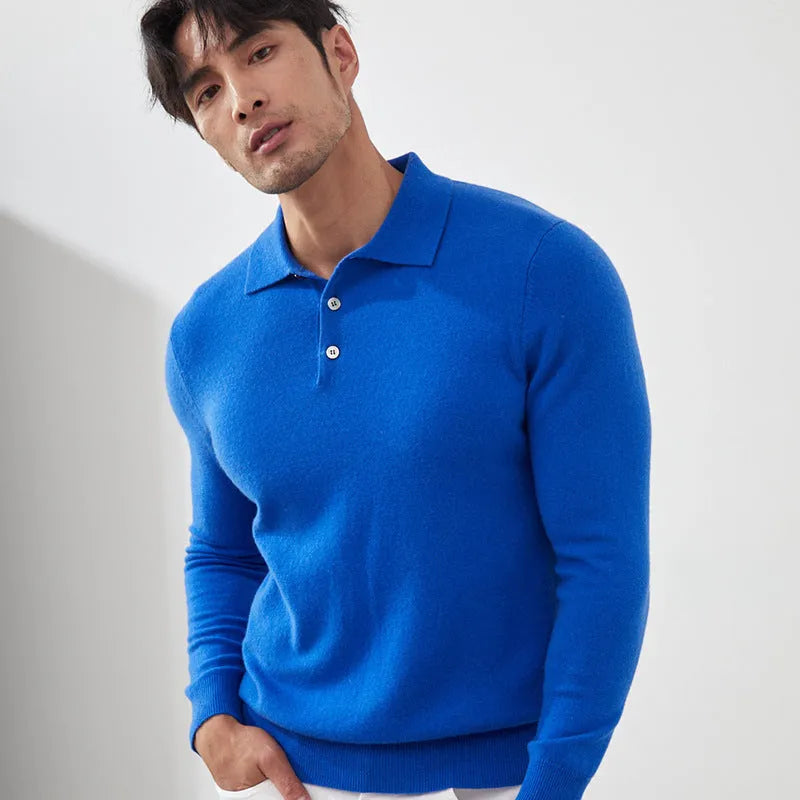 Man wearing a sapphire blue short sleeve cashmere pullover with a polo collar.