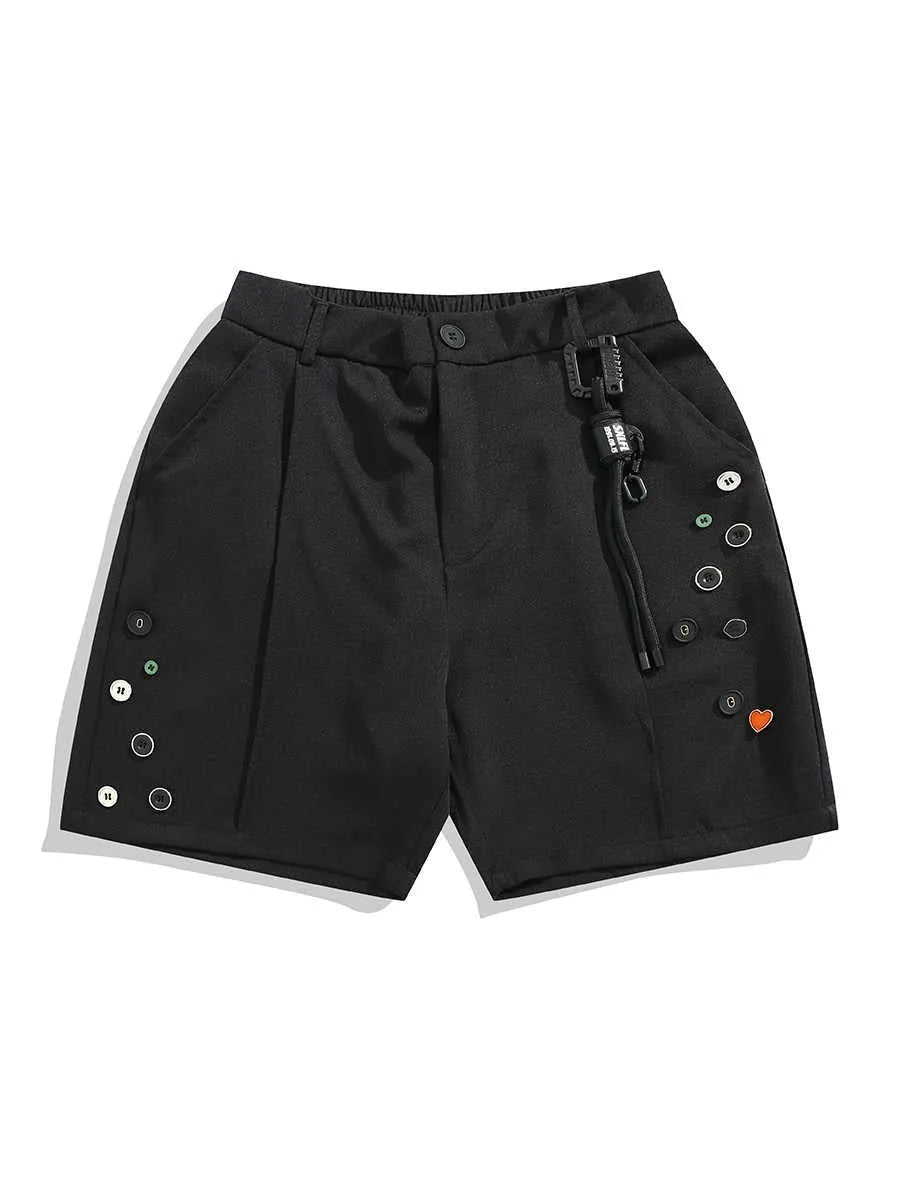 Black men's casual shorts with a semi-elastic waistband and zip fly, shown with a loose, straight-leg fit.