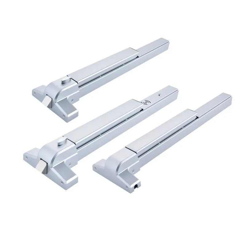Stainless steel fire safety push lock with external handle for a 65cm door.