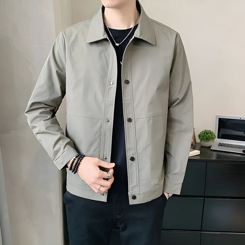 Men's Korean style thin single-layer jacket in light grey, shown front-on.