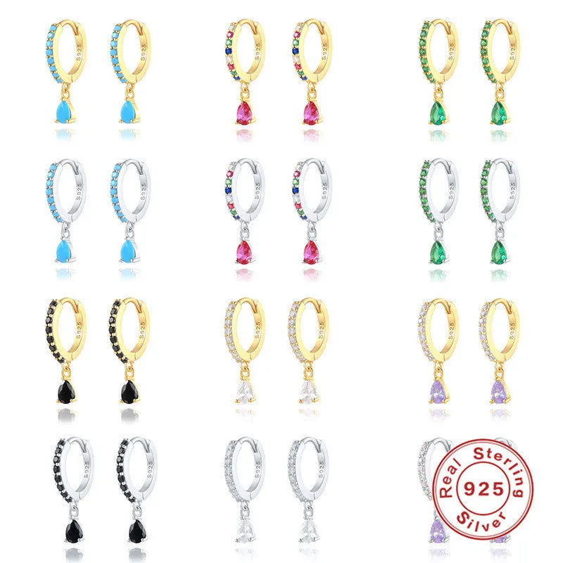 S925 sterling silver geometric water drop earrings in gold or silver tone with crystal/diamond accents.