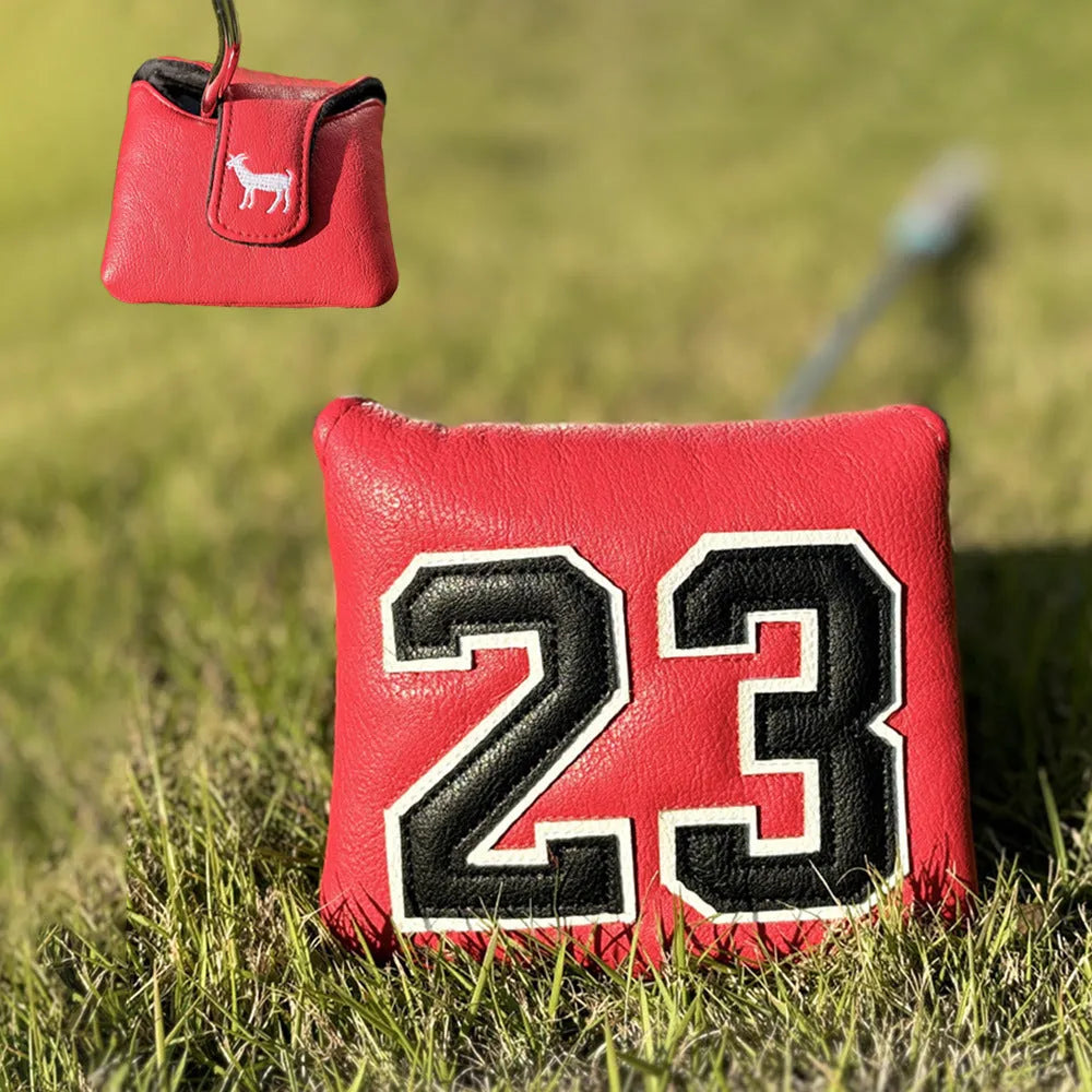 Set of four yellow PU golf club head covers including a square putter cover and iron covers on a golf bag.