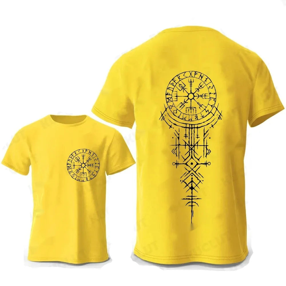 Close-up of a men's grey T-shirt featuring a detailed Viking rune compass graphic print on the chest.