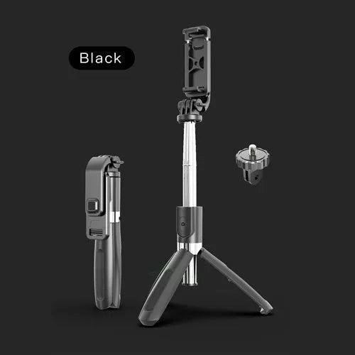 Black and white Bluetooth selfie stick with wireless remote, shown extended and with tripod base.