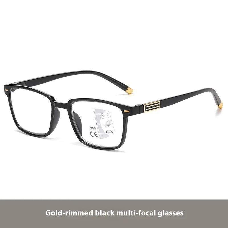 Multifocal anti-blue light reading glasses with colour-changing lenses in a black and silver frame style.