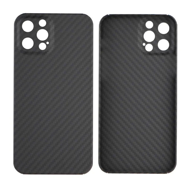Dull black Kevlar fibre back cover case for Apple iPhone with MagSafe ring visible.