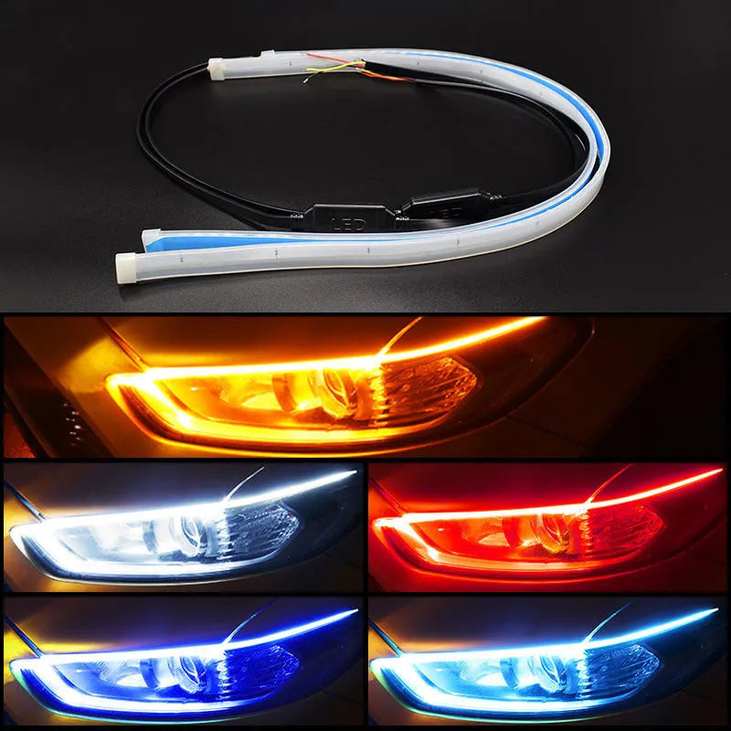Flexible silicone car LED light strip for daytime running and flowing turn signals, showing wire connections.