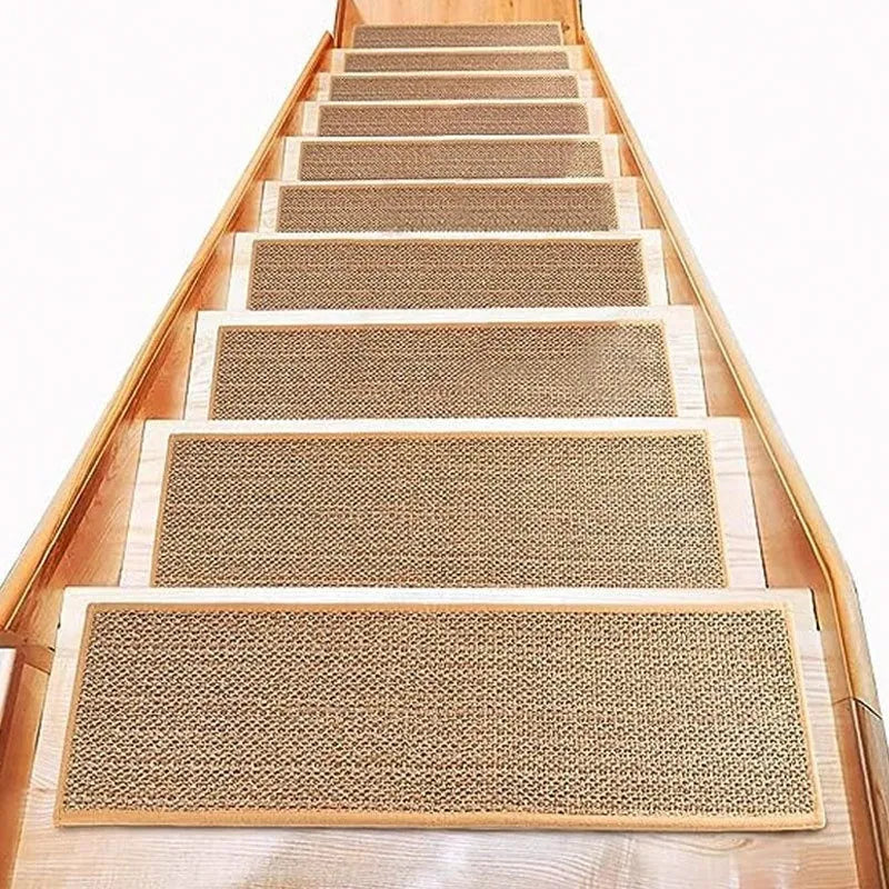 Japanese-style linen-look stair mat with rubber backing measuring 20 by 76 centimetres in camel colour