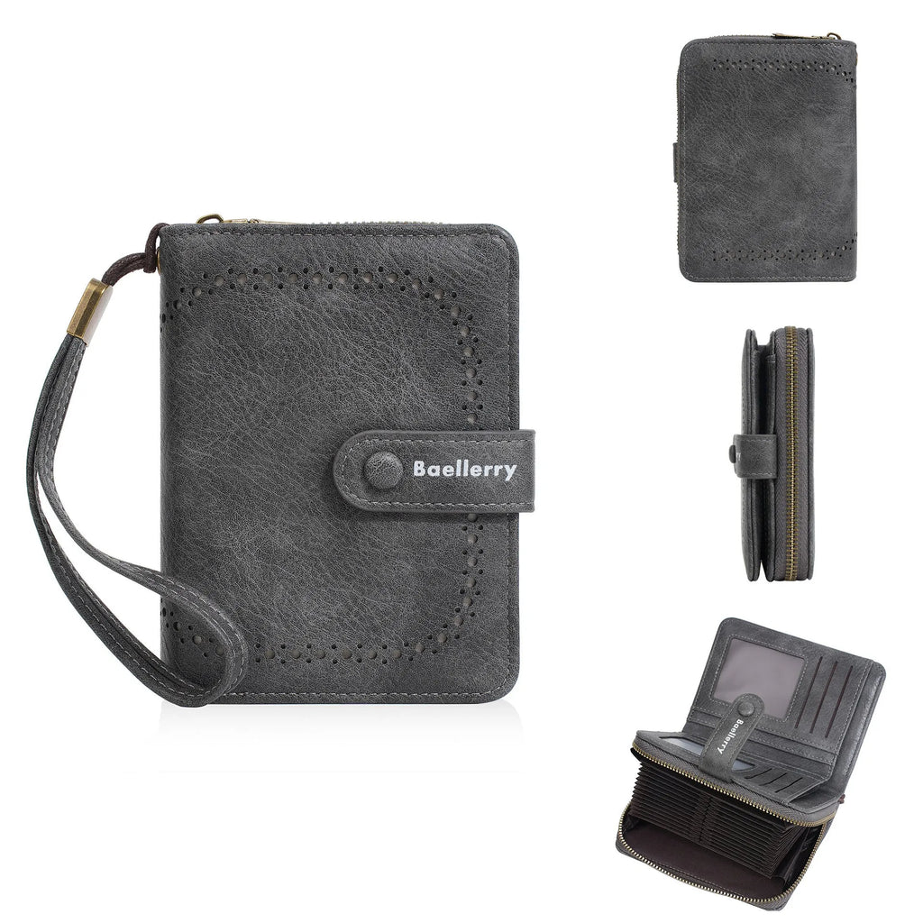 Women's black PU leather zipper coin purse open to show card slots and coin compartment.