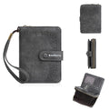 Women's black PU leather zipper coin purse open to show card slots and coin compartment.