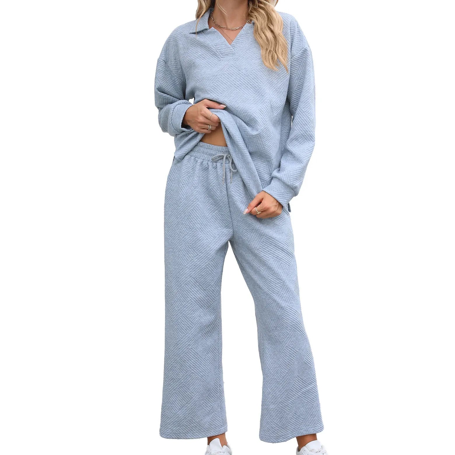 Women's black geometric pattern knitted jacquard suit with lapel top and elastic waist cropped trousers