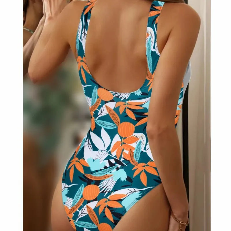 Women's high-waist one-piece bikini with printed pattern in quick-dry polyester fabric