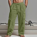 Men's loose cotton wide-leg casual trousers in solid colours showing mid-waist and relaxed fit