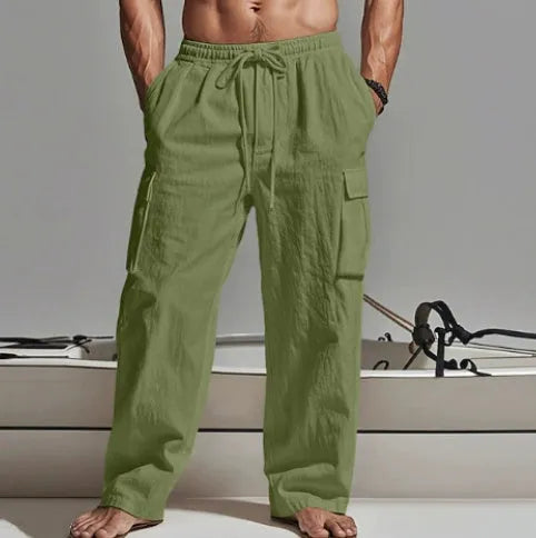 Men's loose cotton wide-leg casual trousers in solid colours showing mid-waist and relaxed fit