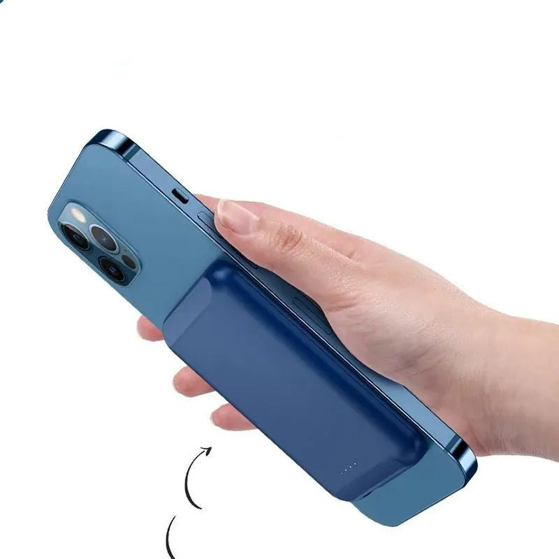 Son magnetic wireless power bank in black, blue, green, pink, or white, showing compact 85mm x 55mm size.