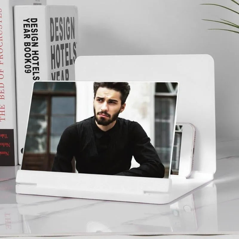 9 inch phone screen amplifier with plexiglass lens, fiberboard frame and phone holder in white or black