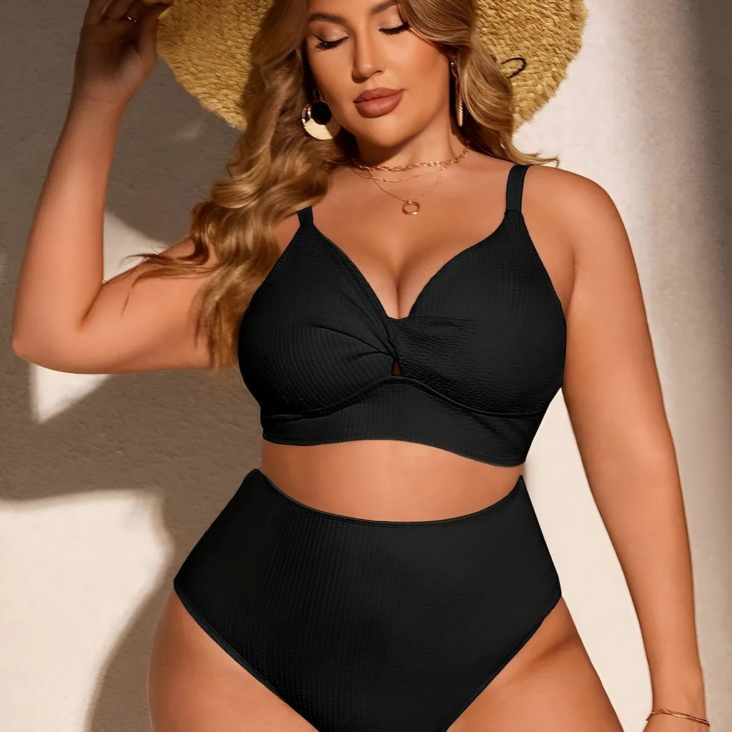 Women's black two-piece bikini set in plus size polypropylene fibre fabric