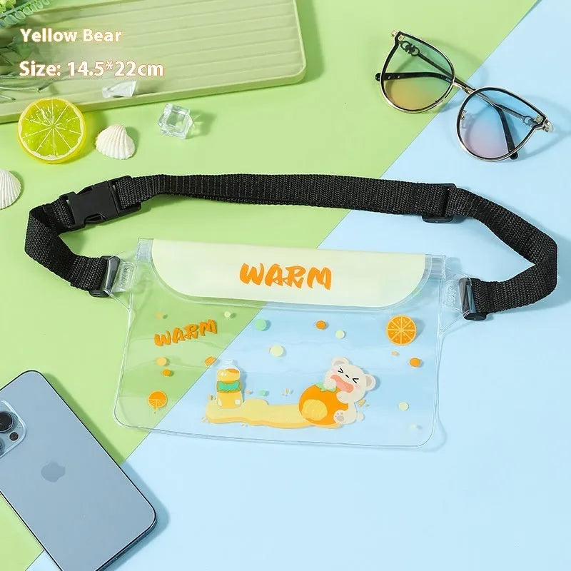 PVC waterproof mobile waist bag with touch screen and adjustable strap, blue whale cartoon design