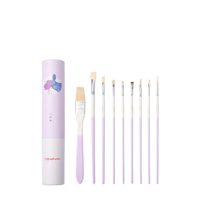 Set of acrylic gouache painting brushes including fan brushes, wide brush and detail brushes in animal-themed designs