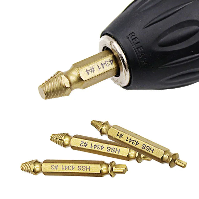 Set of five 4341 high-speed steel screw extractors for removing damaged screws and nails.