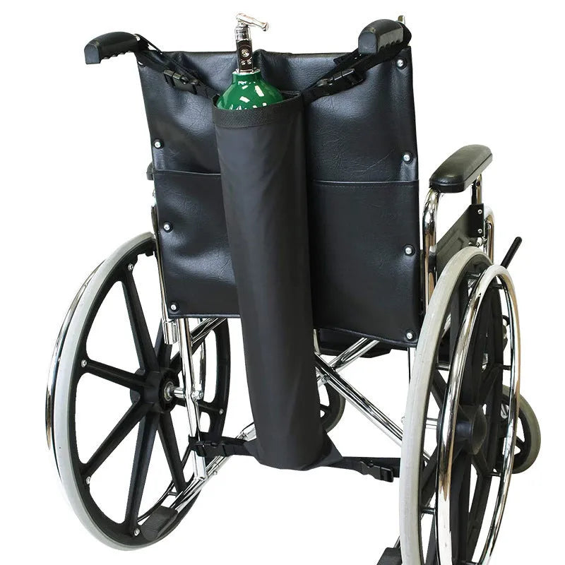 Black cylindrical wheelchair pannier bag made from 600D Oxford cloth for oxygen cylinder transport.