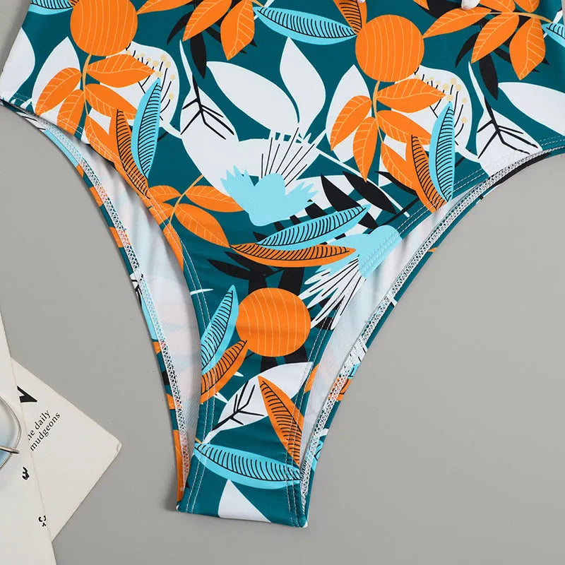 Women's high-waist one-piece bikini with printed pattern in quick-dry polyester fabric