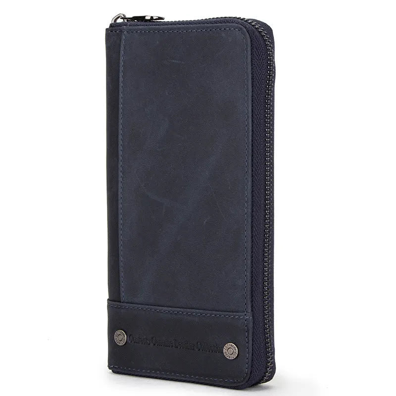 Brown genuine leather men's wallet with anti-theft card protection feature