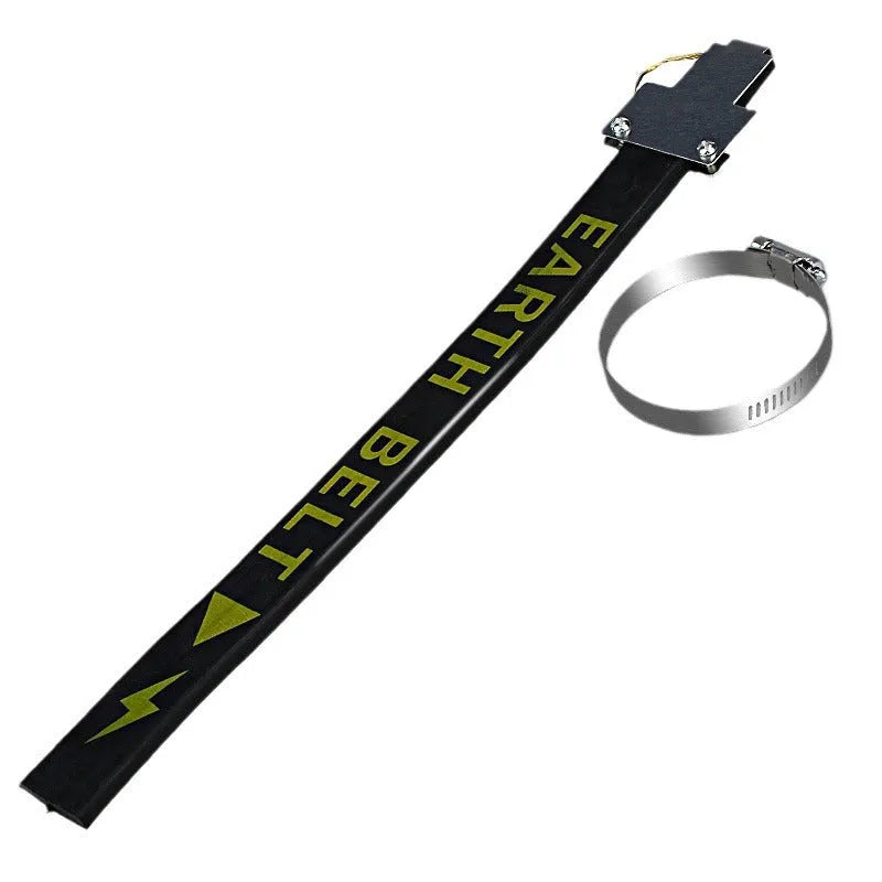 Black rubber car electrostatic grounding belt with metal clip and chain, 37cm long, for static discharge.