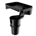 Black car-mounted dinner tray holder with a rotating base, shown inserted into a vehicle cup holder.