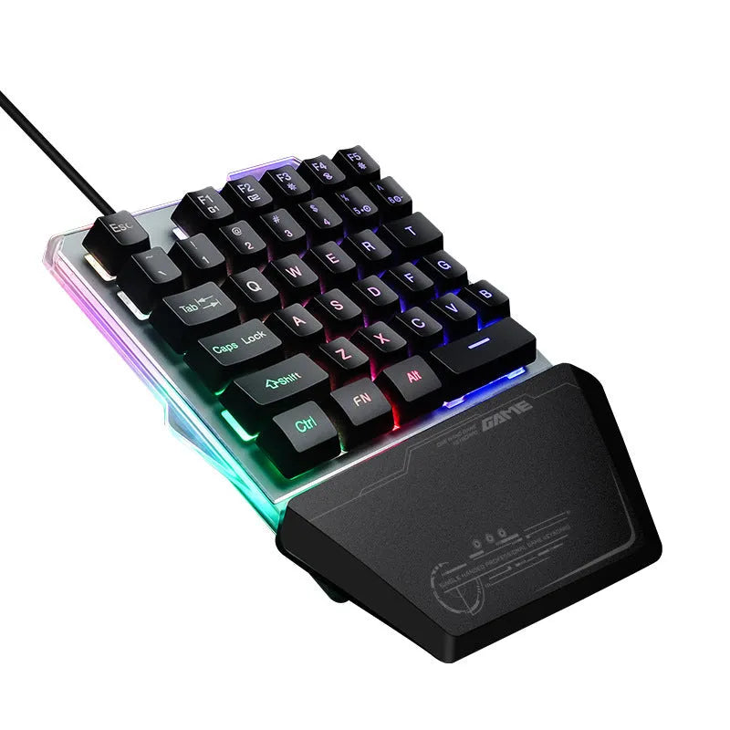 Black G40 one-handed robotic keyboard with RGB backlit keys on a dark surface.