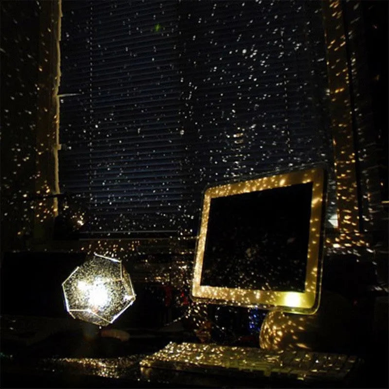 LED starry sky projector night lamp showing constellation projections on a bedroom ceiling with remote control
