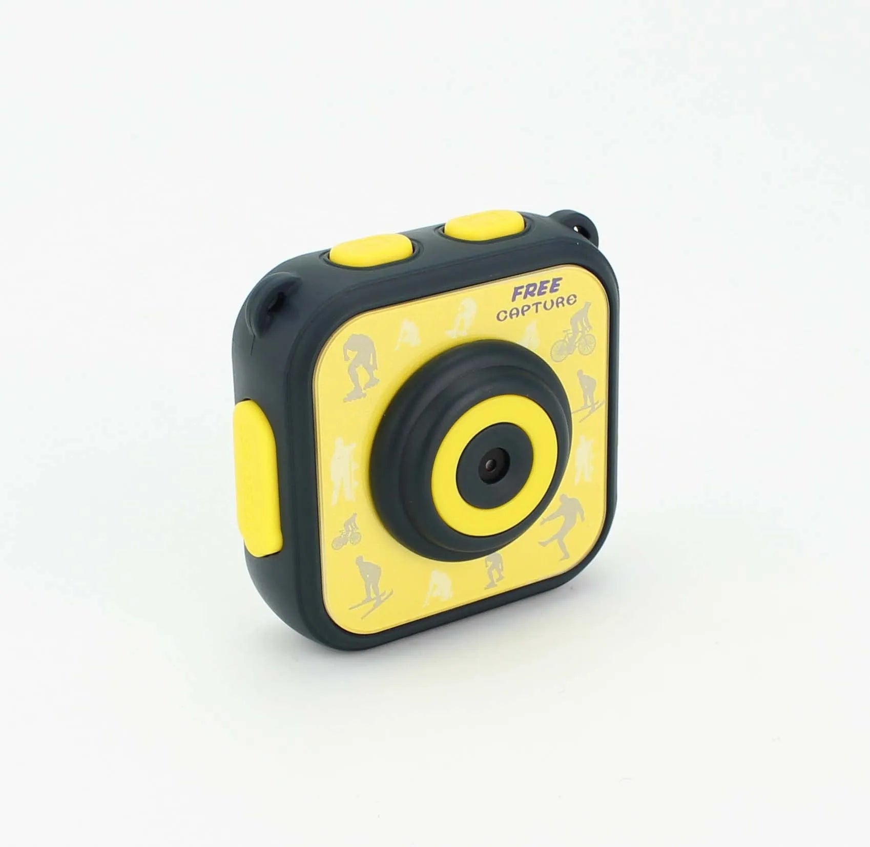 Yellow children's waterproof sports camera with 1.77-inch screen showing 720p HD video recording capability
