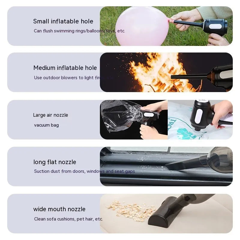 Handheld car vacuum cleaner with nozzle attachments in black, white, or grey colours