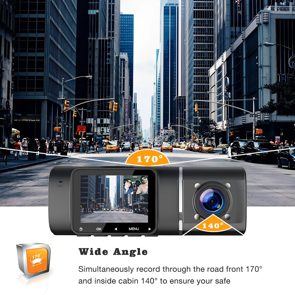 Black dual-channel dash cam with 1.5-inch screen mounted on car windscreen, showing front and rear view.