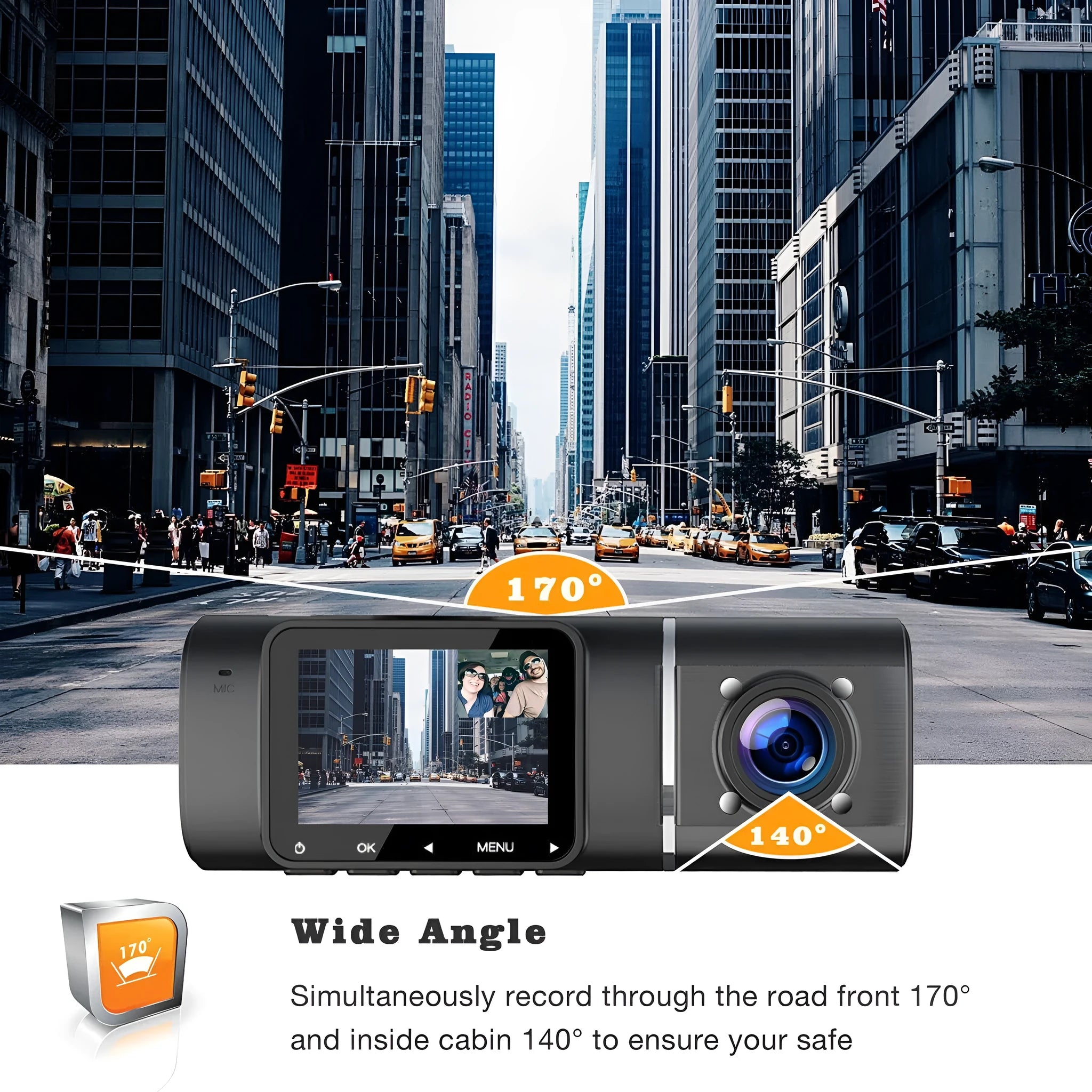 Black dual-channel dash cam with 1.5-inch screen mounted on car windscreen, showing front and rear view.