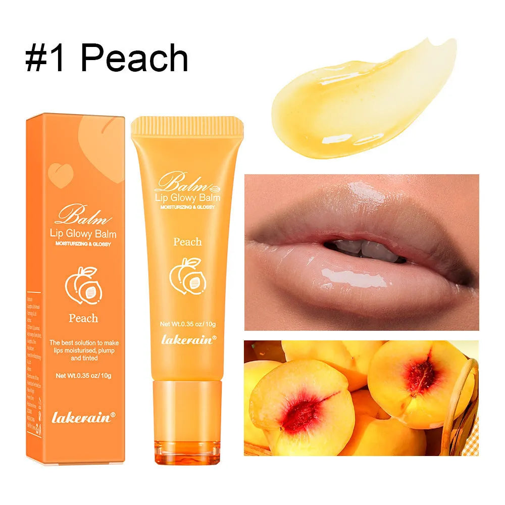 Women's flavoured lip gloss in berry, grape, grapefruit, and yellow peach variants for a natural finish.