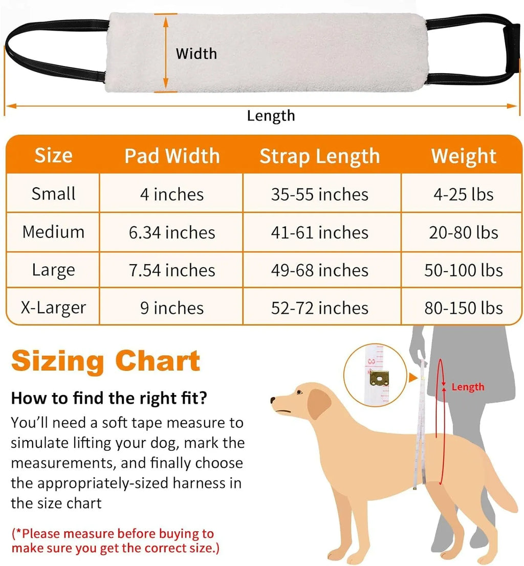 Portable dog sling supporting hind legs and buttocks with adjustable reflective straps and padded handle