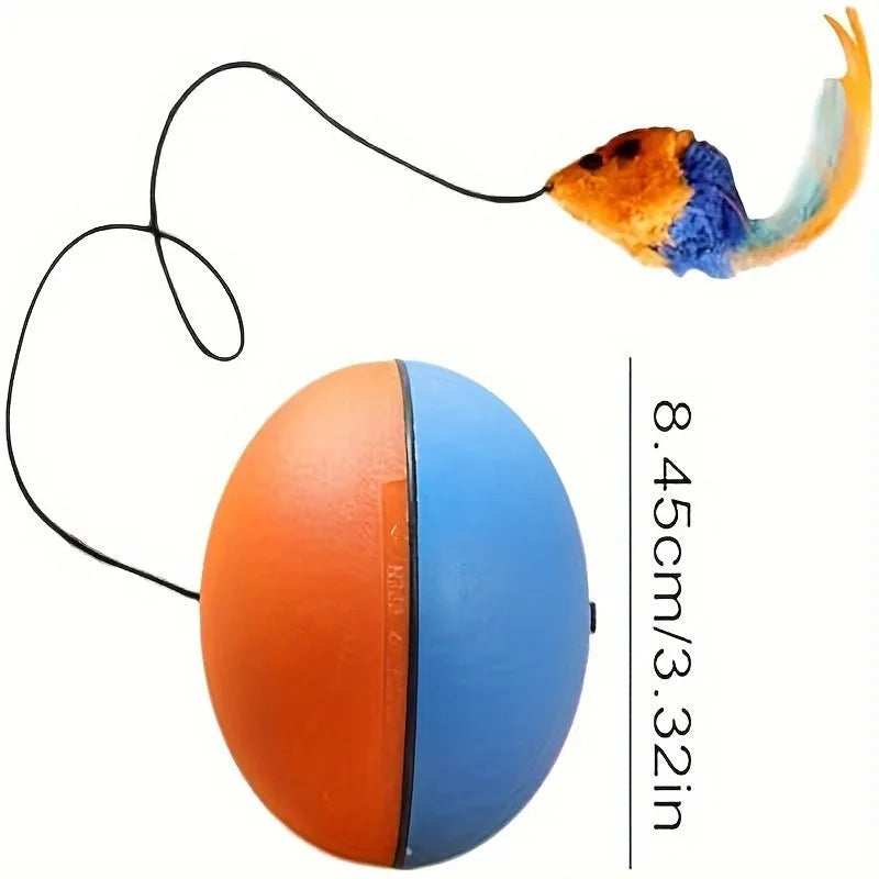 Interactive cat toy with blue and orange ball attached to plush mouse on neutral background