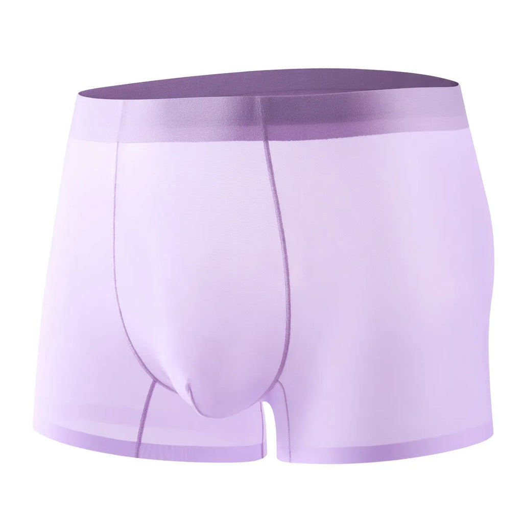 Seamless men's Ice Silk boxer briefs in white, shown flat to display the traceless construction.